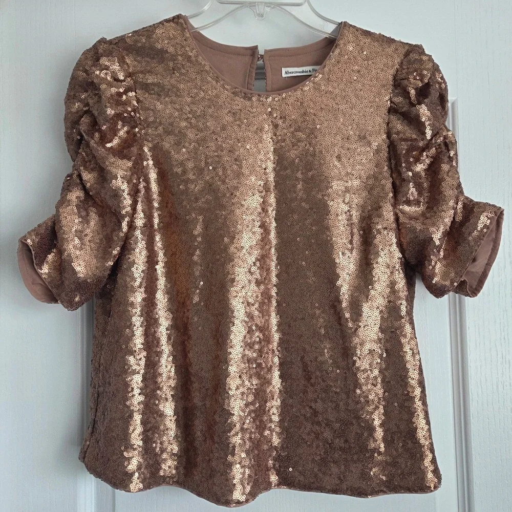 Abercrombie Fitch Rose Gold Sequin Puff‎ Sleeve Top Womens Sz M Party New Years